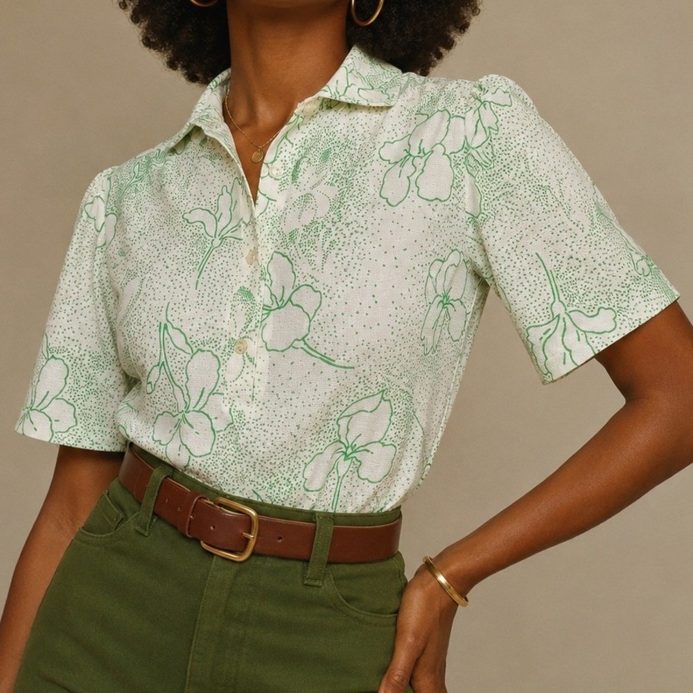 Vintage Devon Floral Blouse Womens Green White Crepe Nylon Cottagecore Top